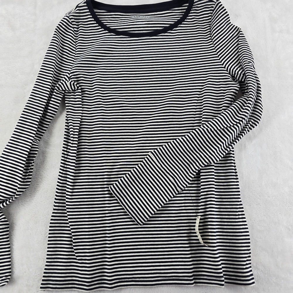 Talbots Tee Womens M Stretch Weekend Tee‎ Navy Blue White Striped Long Sleeve